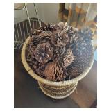 Vintage Two-Tier Wire Dish Rack with Wicker Pinecone Basket