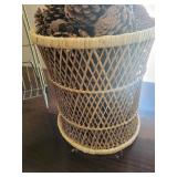 Vintage Two-Tier Wire Dish Rack with Wicker Pinecone Basket