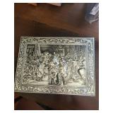Vintage Embossed Tin Trinket Box - Military Scene, Ornate Border, Silver Tone