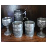 Pewter Tankard with Lid & 4 Hunting Scene Goblets - Ornate Relief Set, Vintage Collectible