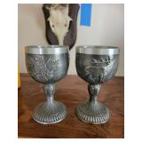 Pewter Tankard with Lid & 4 Hunting Scene Goblets - Ornate Relief Set, Vintage Collectible