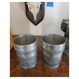 Pewter Tankard with Lid & 4 Hunting Scene Goblets - Ornate Relief Set, Vintage Collectible