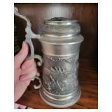 Pewter Tankard with Lid & 4 Hunting Scene Goblets - Ornate Relief Set, Vintage Collectible