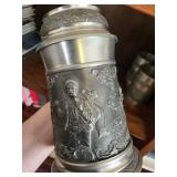 Pewter Tankard with Lid & 4 Hunting Scene Goblets - Ornate Relief Set, Vintage Collectible