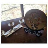 Jingfa Porcelain Plate with Bird & Blossom Motif on Stand - Three-Arm Candelabra