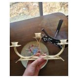 Jingfa Porcelain Plate with Bird & Blossom Motif on Stand - Three-Arm Candelabra