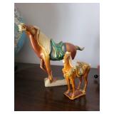 Pair of Ceramic Horse Figurines - Glazed Brown with Green Saddles