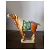Pair of Ceramic Horse Figurines - Glazed Brown with Green Saddles