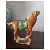 Pair of Ceramic Horse Figurines - Glazed Brown with Green Saddles