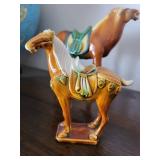 Pair of Ceramic Horse Figurines - Glazed Brown with Green Saddles