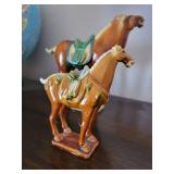 Pair of Ceramic Horse Figurines - Glazed Brown with Green Saddles