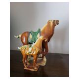 Pair of Ceramic Horse Figurines - Glazed Brown with Green Saddles