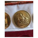 Three Buddhist Medallions in Pink Brocade Box with White Satin Liner (Three-Coin Set)