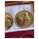 Three Buddhist Medallions in Pink Brocade Box with White Satin Liner (Three-Coin Set)