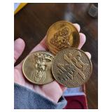 Three Buddhist Medallions in Pink Brocade Box with White Satin Liner (Three-Coin Set)