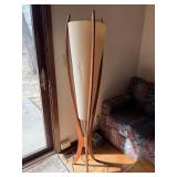 Vintage MCM Sculptural Wood Tripod Floor Lamp w Cone Shade 59in