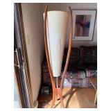 Vintage MCM Sculptural Wood Tripod Floor Lamp w Cone Shade 59in