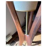 Vintage MCM Sculptural Wood Tripod Floor Lamp w Cone Shade 59in