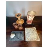 Vintage Decor Lot Danish Teak Candlesticks Soapstone Candle Tile