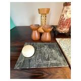 Vintage Decor Lot Danish Teak Candlesticks Soapstone Candle Tile