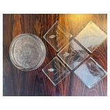 Vintage Glass Coaster Set Etched Floral Squares w Round Holder 6 Pc