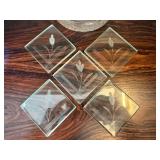 Vintage Glass Coaster Set Etched Floral Squares w Round Holder 6 Pc
