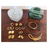 Vintage Costume Jewelry & Art Glass Boxes Mixed Estate Lot Gold Tone