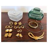 Vintage Costume Jewelry & Art Glass Boxes Mixed Estate Lot Gold Tone