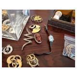 Vintage Costume Jewelry Lot Brooches Watch Pins Box Mixed Estate