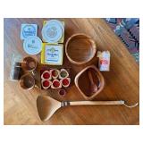 Vintage Wood & Copper Tableware Lot Bowls Coasters Napkin Rings