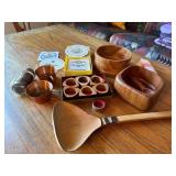 Vintage Wood & Copper Tableware Lot Bowls Coasters Napkin Rings