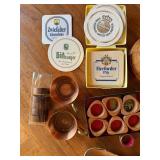 Vintage Wood & Copper Tableware Lot Bowls Coasters Napkin Rings