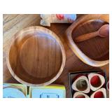 Vintage Wood & Copper Tableware Lot Bowls Coasters Napkin Rings