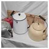 Three Enamel Coffee Pots, One Aluminum Pot