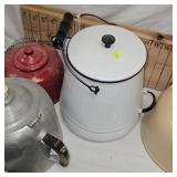 Three Enamel Coffee Pots, One Aluminum Pot