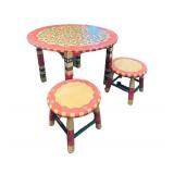 LL - Whimsical Painted Round Play Table Set with 2 Stools