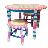 LL - Whimsical Painted Round Play Table Set with 2 Stools