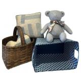 LL - Striped Teddy Bear with Patchwork Pillows & Woven Baskets - Nursery Decor Set