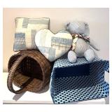 LL - Striped Teddy Bear with Patchwork Pillows & Woven Baskets - Nursery Decor Set