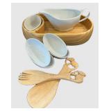 K - Wooden Condiment Tray Set with Dip Bowls, Gravy Boat & Wooden Spoons