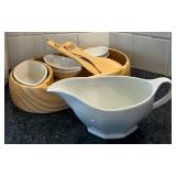 K - Wooden Condiment Tray Set with Dip Bowls, Gravy Boat & Wooden Spoons