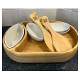 K - Wooden Condiment Tray Set with Dip Bowls, Gravy Boat & Wooden Spoons