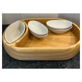 K - Wooden Condiment Tray Set with Dip Bowls, Gravy Boat & Wooden Spoons