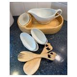 K - Wooden Condiment Tray Set with Dip Bowls, Gravy Boat & Wooden Spoons