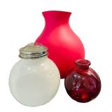 LR - Vases - Pink Flexible Silicone, White Ribbed Glass, Red Bulb (Lot of 3)