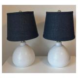UB1-Pair of White Ceramic Lamps with Navy Fabric Shades