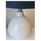 UB1-Pair of White Ceramic Lamps with Navy Fabric Shades