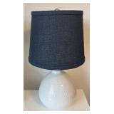 UB1-Pair of White Ceramic Lamps with Navy Fabric Shades