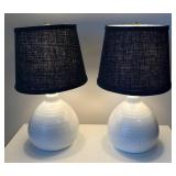 UB1-Pair of White Ceramic Lamps with Navy Fabric Shades