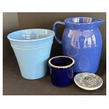 LR - Gaetano Blue Glazed Pitcher with Light Blue Planter, Dark Blue Crock & Floral Plate